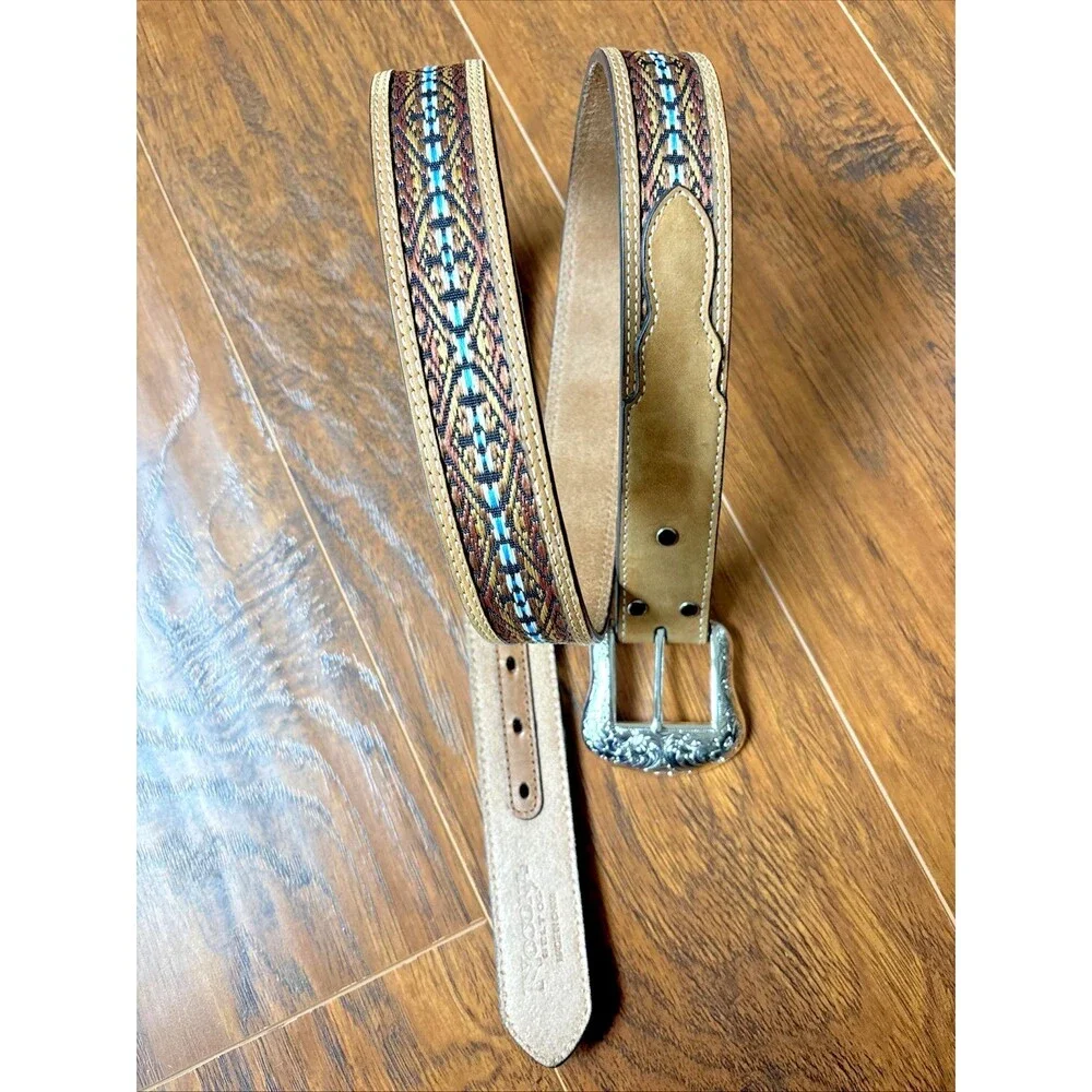 Nocona Leather Belt Men 42 Brown Turquoise Blue Embroidered Overlay N2474844